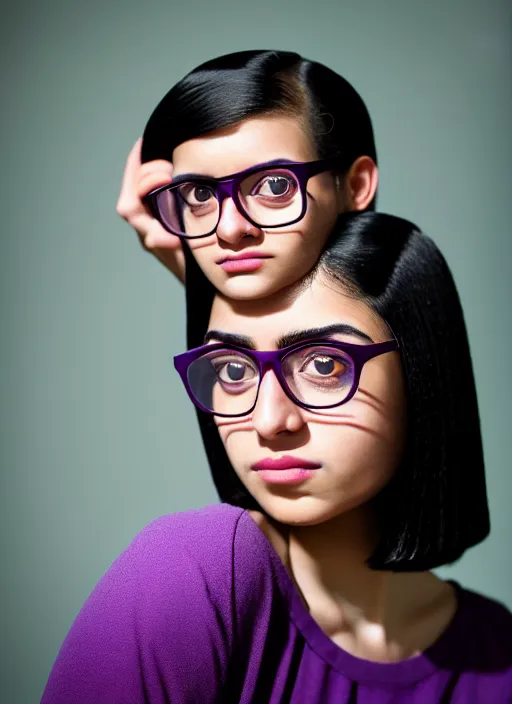 Prompt: kodak portra 4 0 0, 8 k, highly detailed, britt marling style, color studio - portrait of a handsome cute 2 0 - year - old black - haired hyderabadi female with cat - eye glasses wearing purple, muted colors, up face with 1 9 2 0's hairstyle and cloth style, asymmetrical, hasselblad