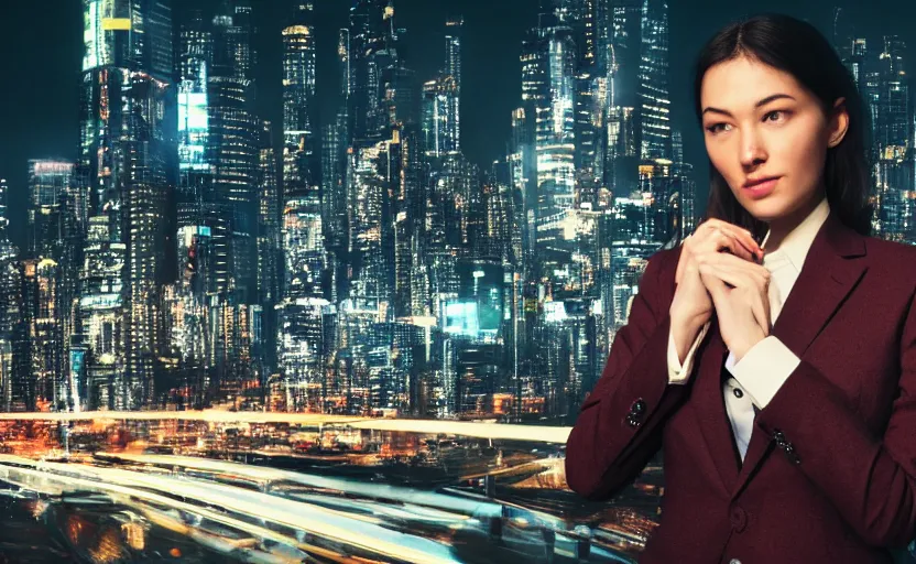 Image similar to a wide shot of a woman with a wool suit, wearing an omega speedmaster on her wrist in a dystopian city at night with cyberpunk lights