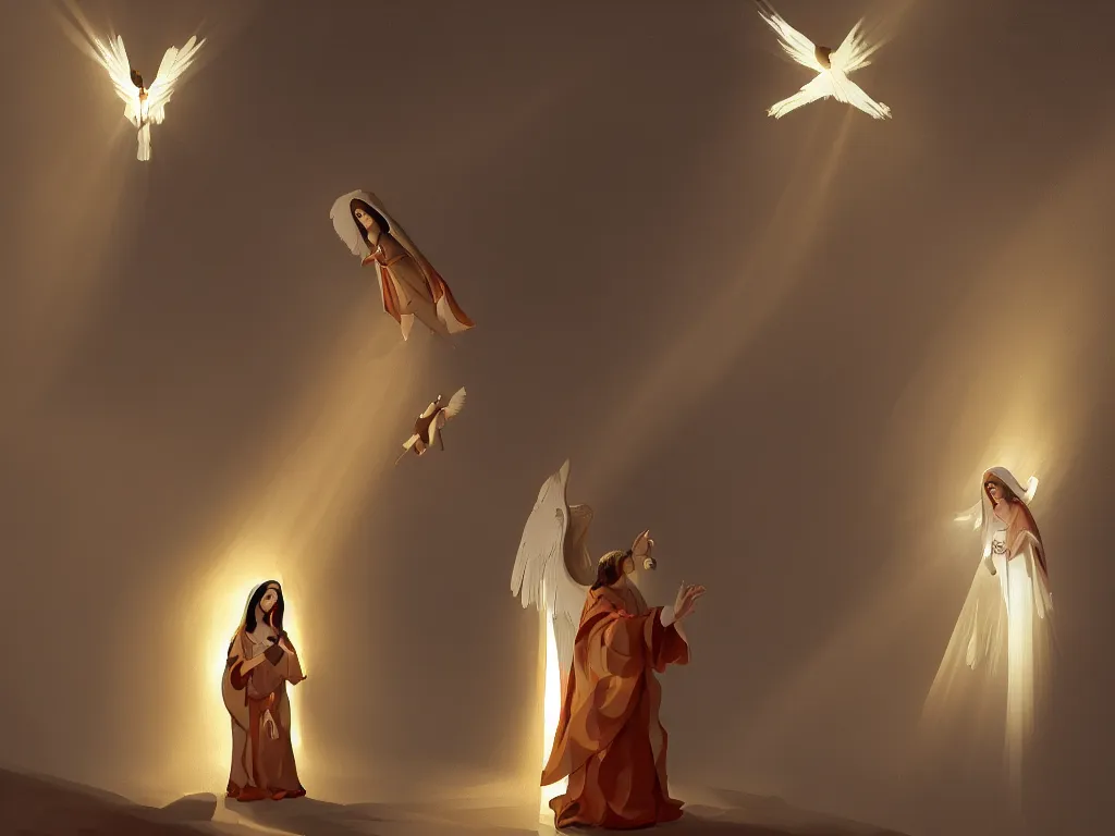 Image similar to the annunciation with mary on the left and archangel on the right, with a beam of light coming down from the top right towards mary on the left, by goro fujita, trending on artstation, 8k, highly detailed, digital graphic art