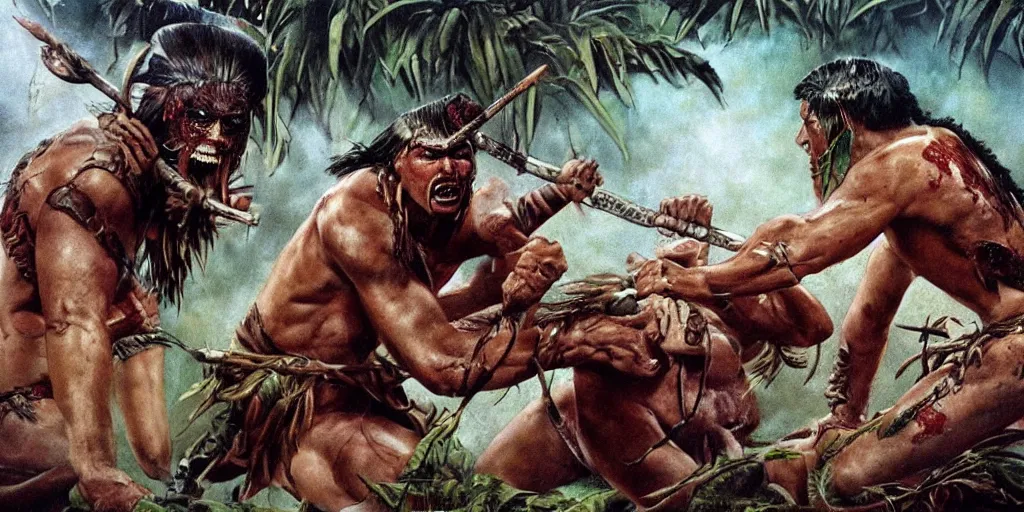 Image similar to battle in jungle, brutal aztec and Amazonian fight, epic, vintage, blood, slight inspiration of Boris vallejo and apocalypto, war photography