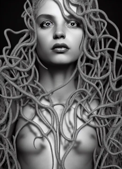 Image similar to surreal mythical dreamy dark artistic black and white fine art photo of a beautiful young female medusa - cyborg covered with translucent algae, highly detailed, intricate crystal ivy jelly fish scales ornate, lace web, poetic, octane render, 8 k, photo - realistic, by man ray