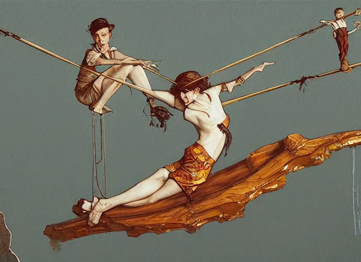Prompt: tightrope walker painting carved in amber by chiara bautista and norman rockwell and greg rutkowski weta studio