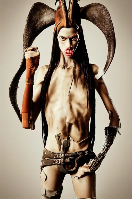 Prompt: rick owens campaign featuring jar jar binks as a female cowgirl, long eyeslashes, huge juicy lips, big seductive eyes, unprocessed colors, # nofilter, realistic vfx simulation