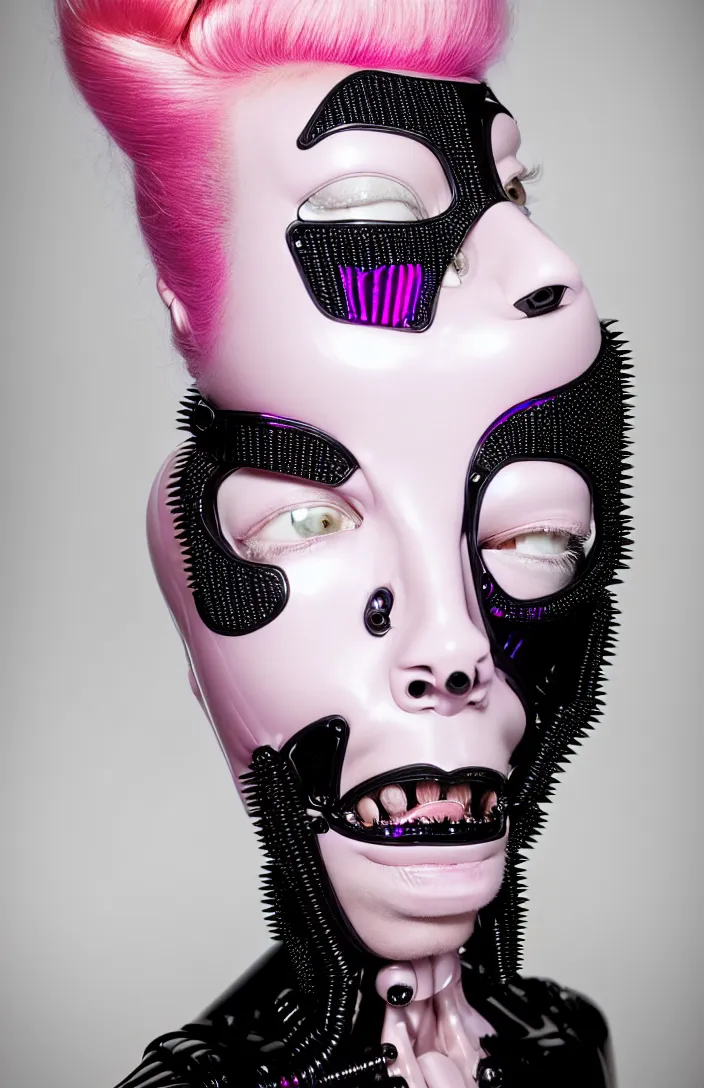 Image similar to symmetrical portrait of a biomechanical demoness wearing a steel spikes studded iridescent beauty mask and pink hair buns, wearing a black bodysuit by olivier rousting, cream white background, soft diffused light, biotechnology, humanoid robot, perfectly symmetric, bjork aesthetic, translucent, by rineke dijkstra, intricate details, highly detailed, masterpiece,