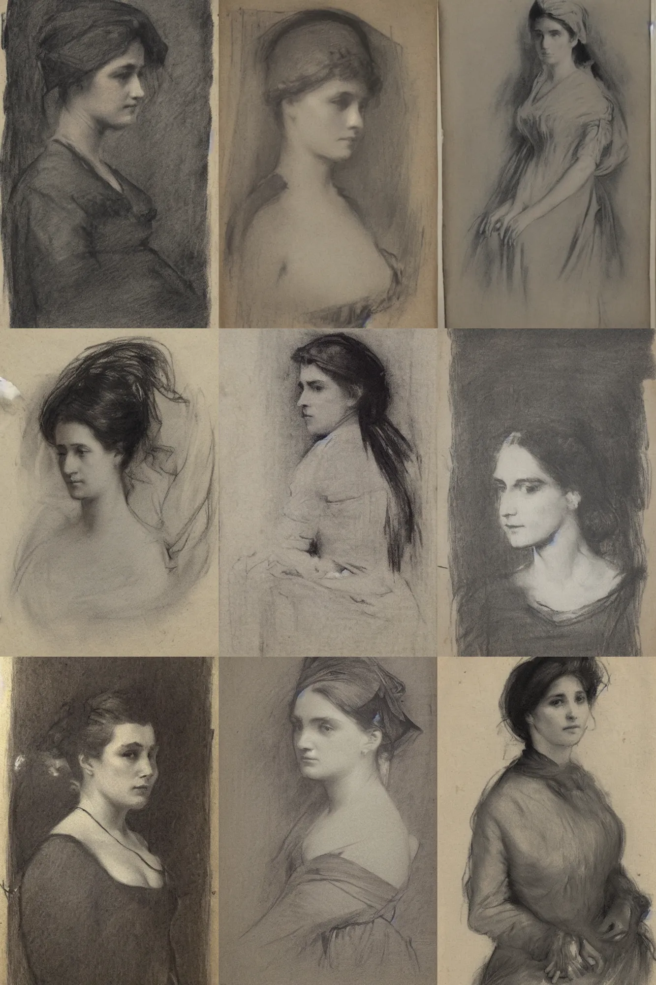 Prompt: a beautiful clean charcoal drawing portrait on newsprint of a victorian woman in 1 8 8 0, very detailed by john singer sargent and jean auguste dominique ingres