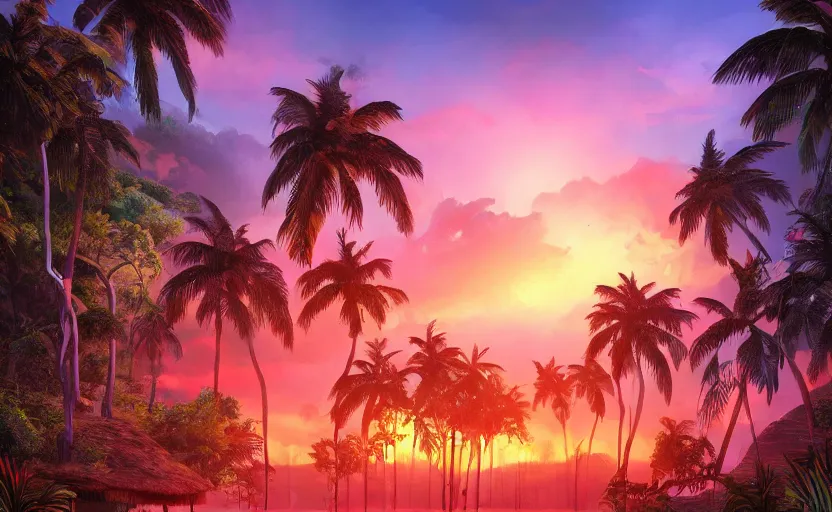 Image similar to a tropical resort in a jungle paradise, with a beautiful red and blue sunset, dynamic lighting, photorealistic fantasy concept art, trending on art station, stunning visuals, creative, cinematic, ultra detailed, ray tracing, sun rays