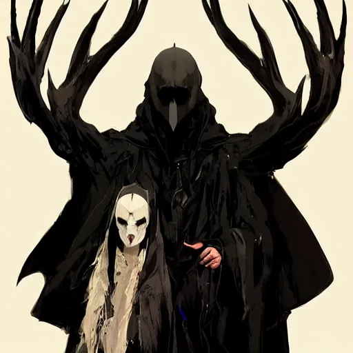 Image similar to portrait of a character wearing a black cloak, with a white mask in the shape of a deer skull, the mask covers her entire face, there are no antlers, dramatic lighting, illustration by Greg rutkowski, yoji shinkawa, 4k, digital art, concept art, trending on artstation