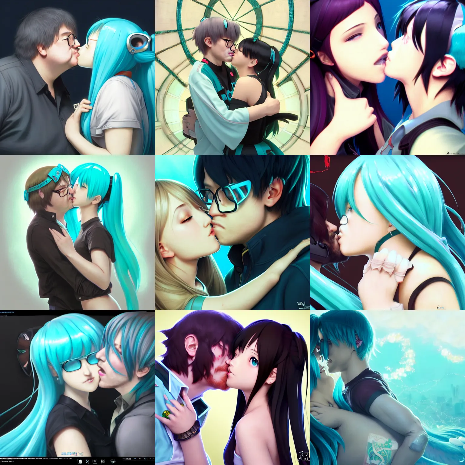 Prompt: gabe newell kissing hatsune miku, highly detailed, professional digital painting, unreal engine 5, photorealism, hd quality, 8 k resolution, cinema 4 d, 3 d, cinematic, art by artgerm and greg rutkowski and alphonse mucha and loish and wlop