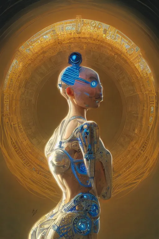 Image similar to hyperdetailed robotic ballerina with blue human eyes, human eyes, symetry, golden ratio, intricate, detailed, volumetric lighting, scenery, digital painting, highly detailed, artstation, sharp focus, illustration, artstation, art by artgerm and greg rutkowski and alphonse mucha