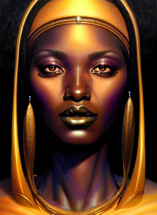 Prompt: stunning goddess of life portrait, dark skin. realistic, symmetrical face. art by bowater charlie, mark brooks, julie bell, arian mark, tony sandoval