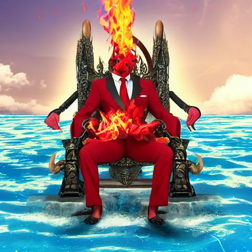 Prompt: A Male Devil sits on a throne and wears a swimming tuxedo , hell, landscape, fire, environment, Artstation