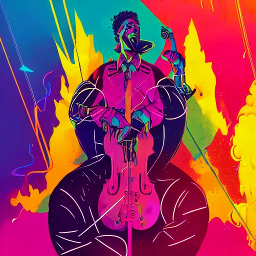 Prompt: the musician waits for recognition, surreal, neon, digital illustration, weird, magnificent, magenta, colorful explosion, by jake parker, by conrad roset, swirly vibrant color lines, aesthetic octane render, high resolution,