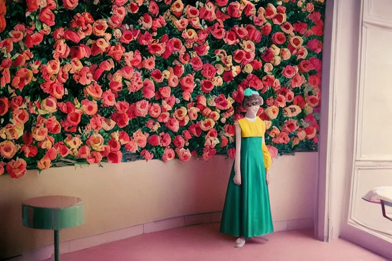 Prompt: giant flower head, girl standing in 1 9 6 0 s hotel, surreal photography, symmetry, mid century, liminal space, bright colours, wes anderson