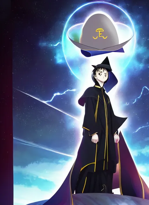 Prompt: elon musk as anime character, pretty symmetrical face, fullbody, pointy hat, black robes, magic, anime, nendoroid, magical, motes of light, dark library