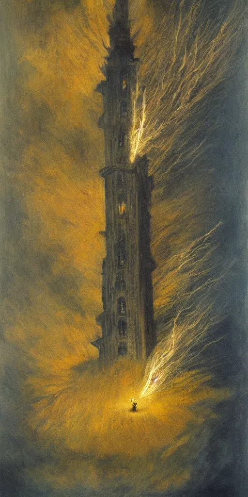 Prompt: a painting of a tower being struck by lightning in the style of remedios varo