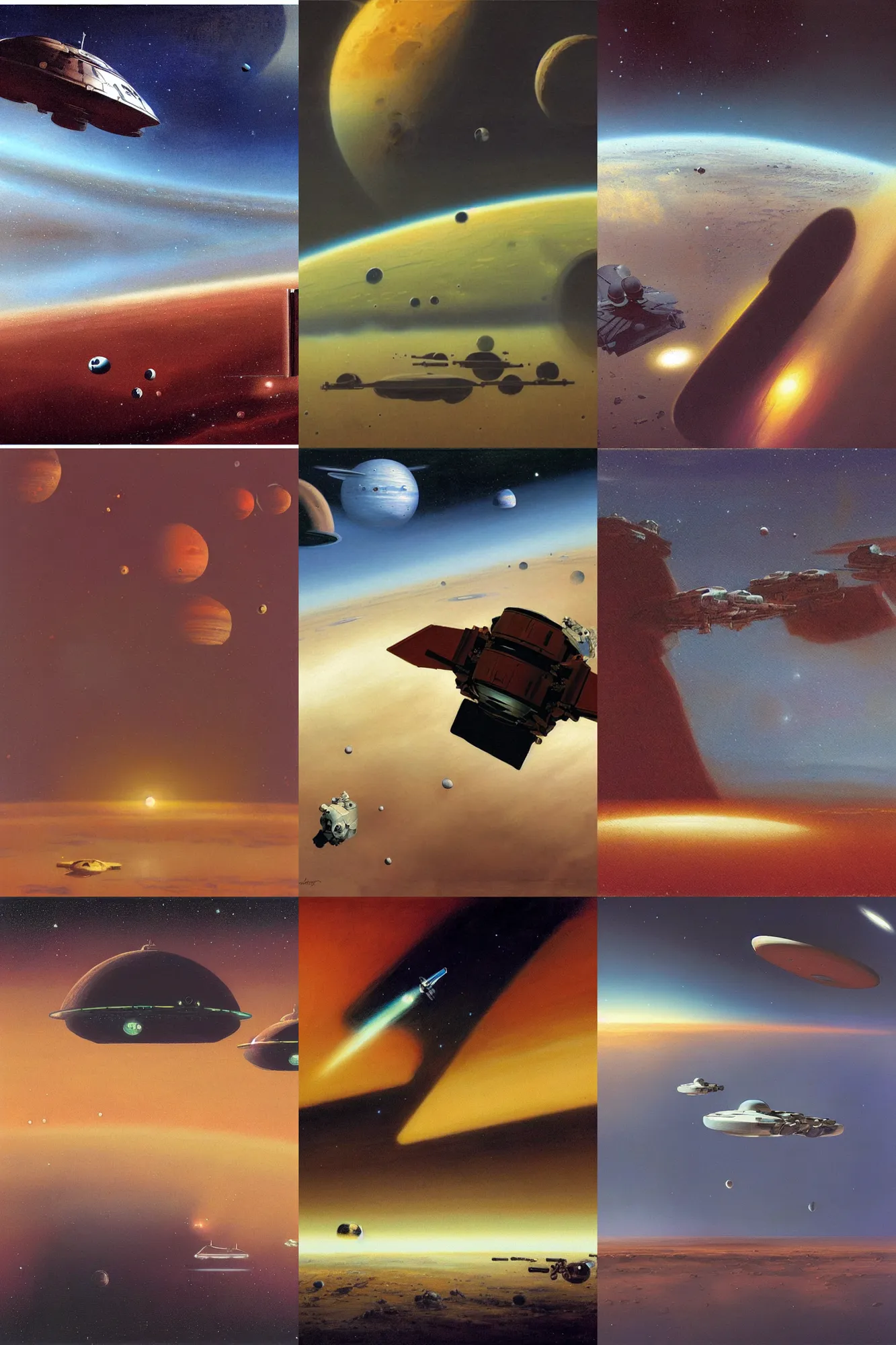 Prompt: spaceships docking, mars, by john harris, painting