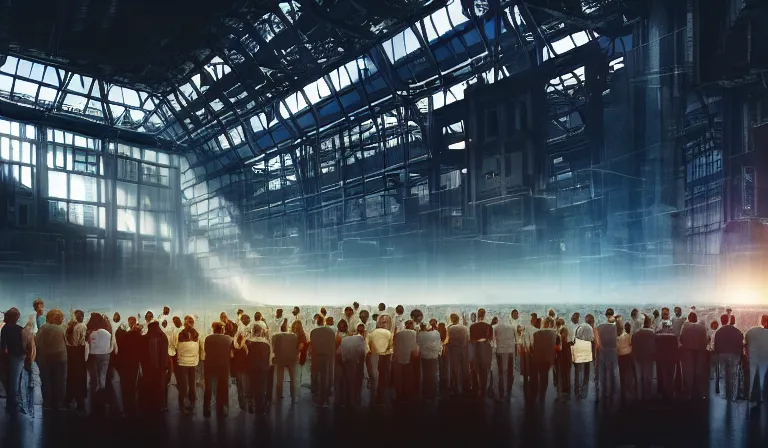 Image similar to large group of people in walled warehouse, looking at hologram of futuristic city on a table, cinematic concept art, godrays, golden hour, natural sunlight, 4 k, clear details, tabletop model buildings, center model buildings, hologram center, crane shot, crane shot, crane shot