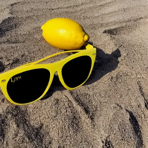 Prompt: photo of Lemon with sunglasses at the beach ultra hd 4k