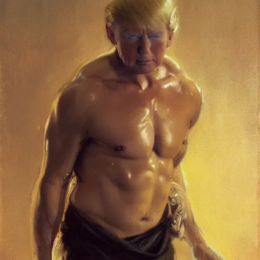 Image similar to detailed realistic cinematic wide shot of beautiful attractive muscular donald trump with gold chain wearing blue bath robe slim face symettrical face clean skin black eyes black robe smooth, sharp focus, ultra realistic, spring light, painting by gaston bussiere, craig mullins, j. c. leyendecker