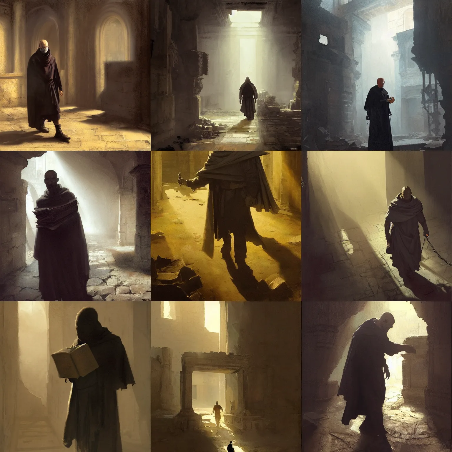 Prompt: portait of priest wearing a closed cerimonial cowl, big old book chained to the wrist, by jeremy mann, by craig mullins, by caravaggio and mike mignola, face in the shadows, walking between ruins of ancient rome at dusk, mysterious atmosphere, sunrays, high detailed, 8 k