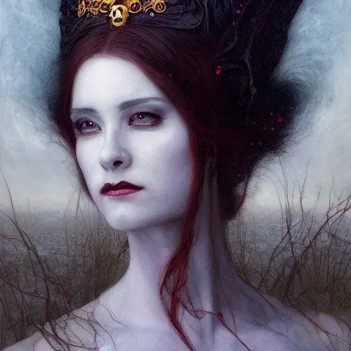 Image similar to Masterpiece painting of beautiful malicious vampire princess gothic portrait by Donato Giancola and Tom Bagshaw, face by Artgerm and Edmund Leighton, golden ratio, trending on cgsociety, intricate, majestic, dark epic fantasy, trending on artstation, by H.R. Giger, background by James Jean and Gustav Klimt, 8k, volumetric Lighting, Hokusai, detailed crimson ink outline, trending on pixiv