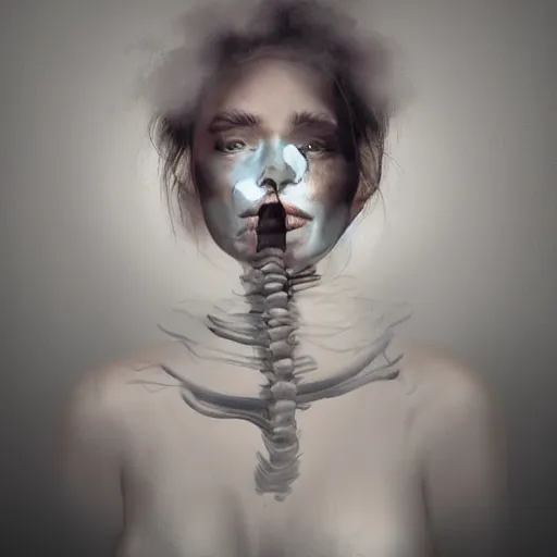 Prompt: full potrait of a woman. woman is draped with bones. . Smoke effects forms question mark. Digital painting. Art station. Mood lighting. - h 1200