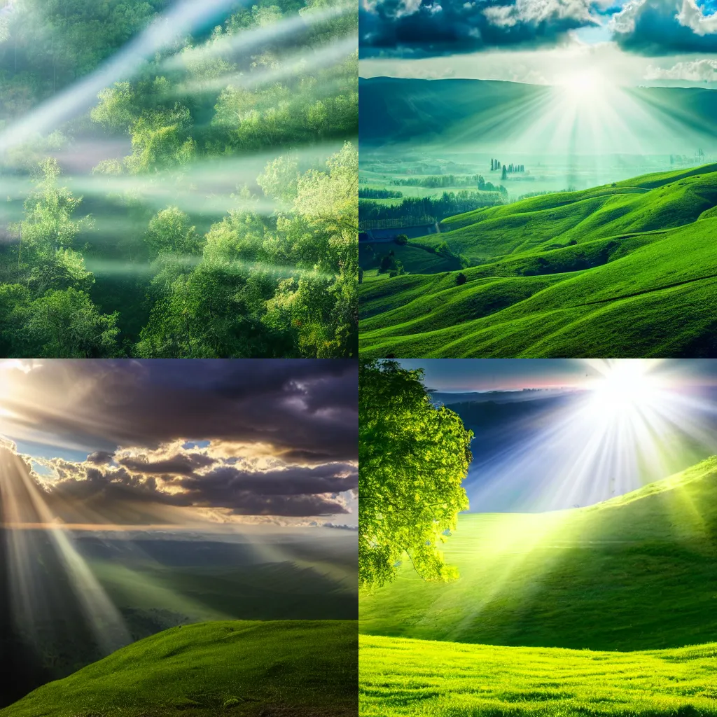 Prompt: shafts of sunlight streaming through clouds into a green valley, high quality DSLR photo, vibrant colors