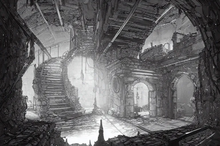 Prompt: black and white one point perspective refinery dungeon cozy fantasy dungeon hallway view with pit in the middle of the ground by artgerm and Craig Mullins, James Jean, Andrey Ryabovichev, Mark Simonetti and Peter Morbacher 16k