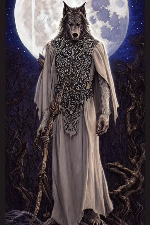 Prompt: a full body portrait cloaked druid transforming into a werewolf, with ivory staff, art nouveau ornate threadwork on fabrics, full moon on background, fantasy, sharp focus, intricate, elegant, digital painting, artstation, matte, highly detailed, concept art, illustration, ambient lighting, art by donato giancola, even amundsen, jingna zhang