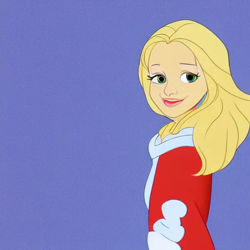 Prompt: Disney animation of a cute blonde girl with green eyes, symmetrical face