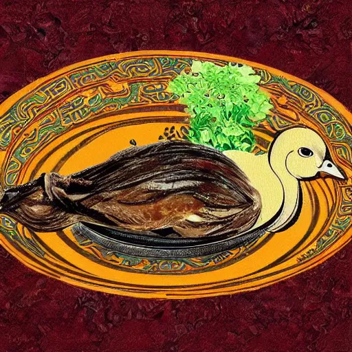 Image similar to food of roast beijing duck, digital art, style of traditional chinese painting