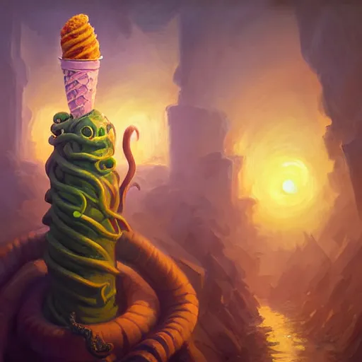 Image similar to portrait painting of cthulhu, bright and energetic, wild tentacles holding ice cream cones, render cinematic lighting art 1 9 2 0 period drama by bussiere rutkowski andreas rocha