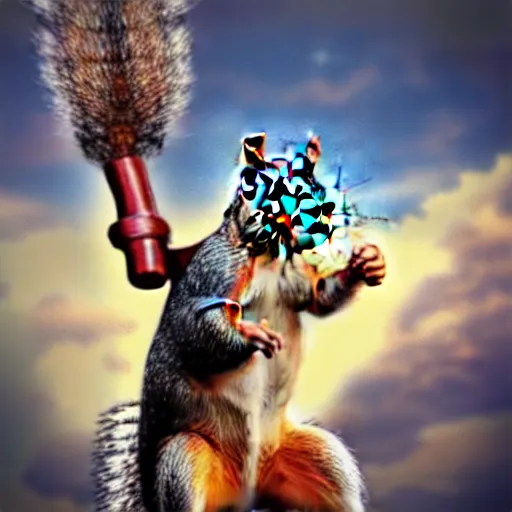 Prompt: the squirrel thor ~ holding his hammer ~ dramatic thunder background ~ fighting scene ~