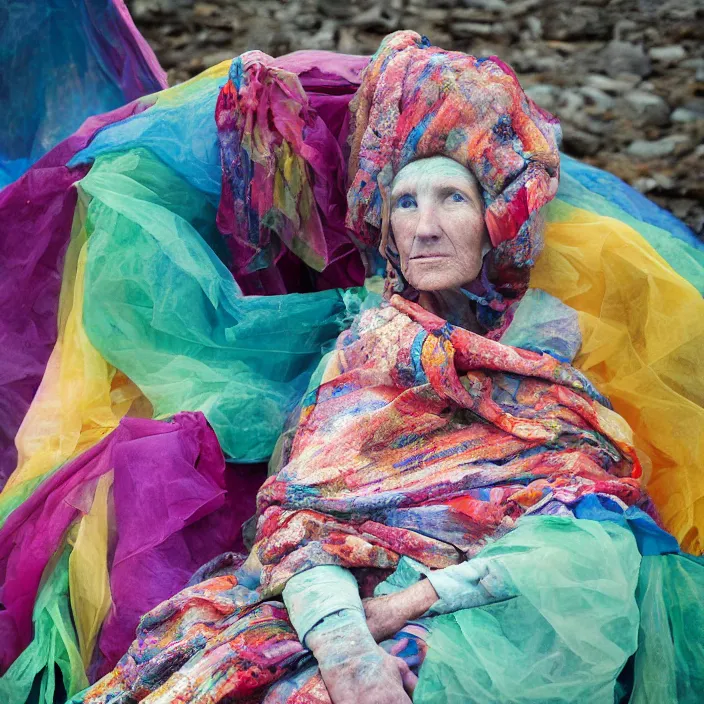 Image similar to a color photograph, closeup portrait of a woman wrapped in textiles, sitting in a plastic throne, in glacier national park in montana, color photograph, by vincent desiderio, canon eos c 3 0 0, ƒ 1. 8, 3 5 mm, 8 k, medium - format print