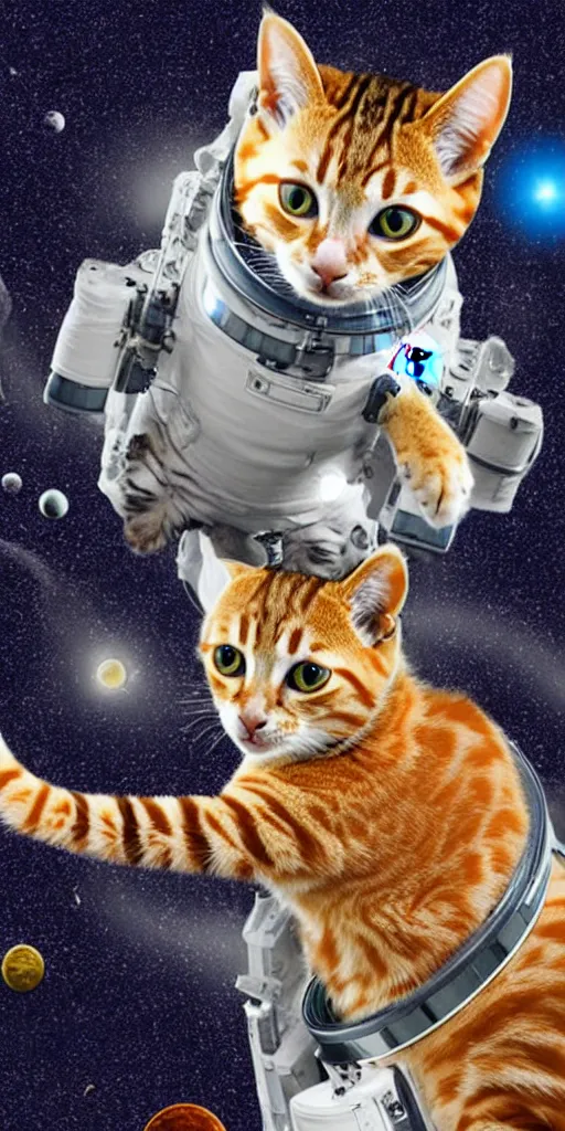 Prompt: a feline astronaut returning to our solar system from a distant galaxy