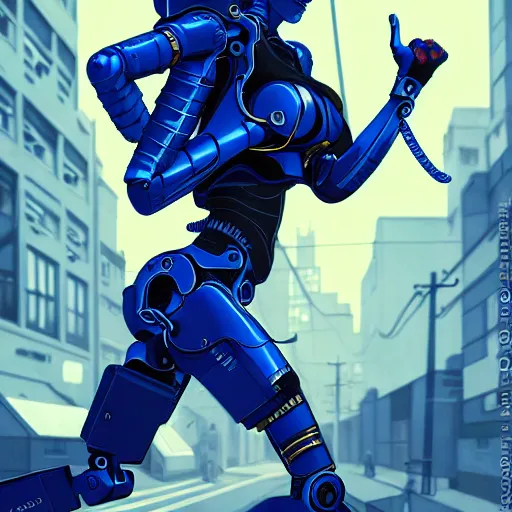 Prompt: cyborg - girl breaking into pieces as it walks down a street, highly detailed, painting, dark blue and black color palette, intricate, high quality anime artstyle, in the style of ilya kuvshinov