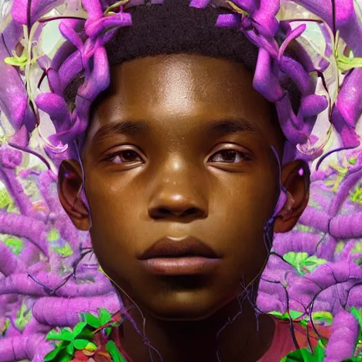 Image similar to colourful vfx art - portrait of focussed nigerian boy wrapped in flowers & vines, art by hsiao - ron cheng & james jean, volumetric light, ray tracing, sharp, detailed, digital painting, illustration, highly detailed, intricate detail, unreal engine, octane render, pinterest, behance, art station,