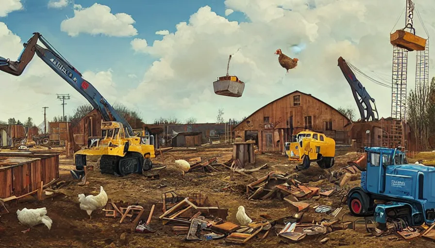 Prompt: a bulldozer accidently knocking over a chicken coop in the style of goodnight goodnight construction site, matte painting, art station, blue sky, simon stalenhag