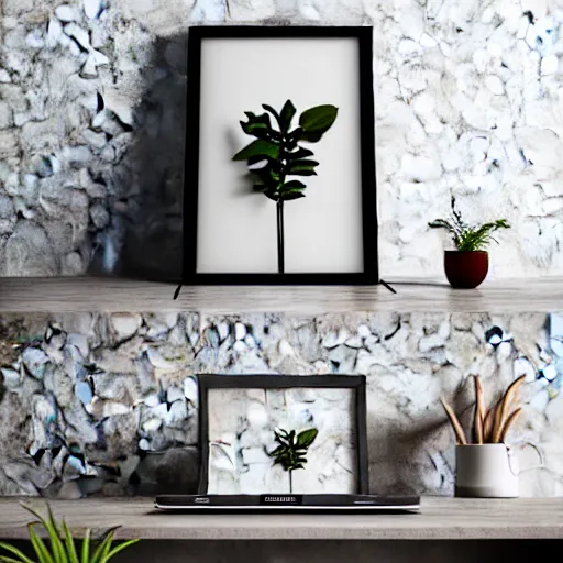 Image similar to a minimalist mockup photo with large blank frame, in a boho style studio, trending on etsy