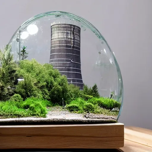 Image similar to a large terrarium with a diorama of a nuclear power industrial site inside on top of a minimalist table, lit from the side