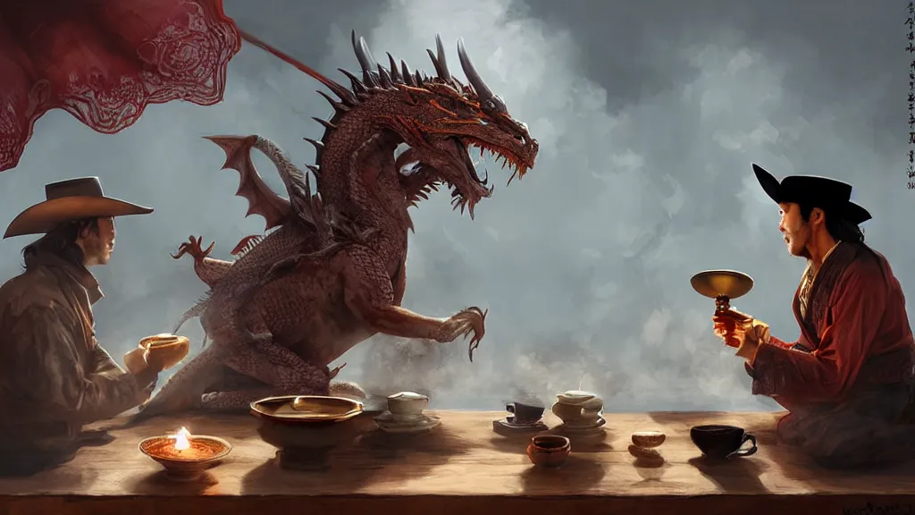 Prompt: Tea ceremony between a Western cowboy and a dragon, fantasy concept art by Mark Winters