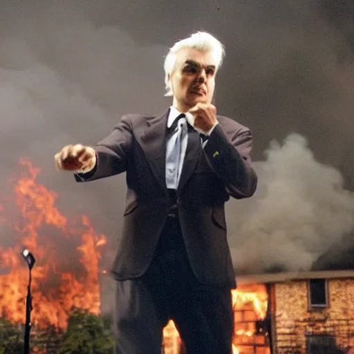 Prompt: David Byrne burning down his house