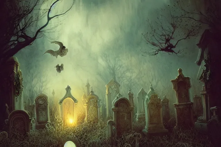 Image similar to casper the friendly ghost flying over a graveyard at midnight, cinestill, painted by james jean and gaston bussiere, very detailed and cute and cozy and transparent, backlight, fog, mist, trending on artstation, many other ghosts living in a haunted tree, haunted house in the background