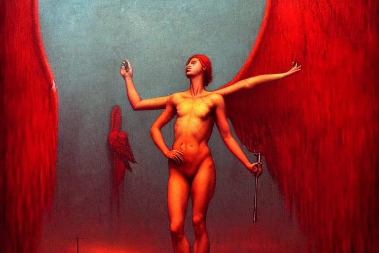 Image similar to only with red, a red angel announce the win, at the gates of a rich renaissance city. inthe background, pathos, in the style of beksinski, part by hopper, part by rodcenko, part by hofbauer, intricate composition, red by caravaggio, insanely quality, highly detailed, masterpiece, red light, artstation