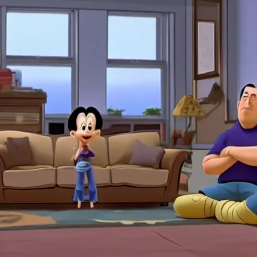 Prompt: Screenshot from Disney Pixar's Seinfeld (2022), inside Jerry's apartment