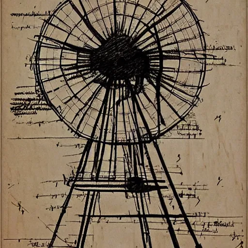 Image similar to old pencil sketch by leonardo da vinci blueprint! of a windmill, very detailed technical sketch, blueprint with annotation, quotes, written dimensions, monochromatic, sepia tones, old paper