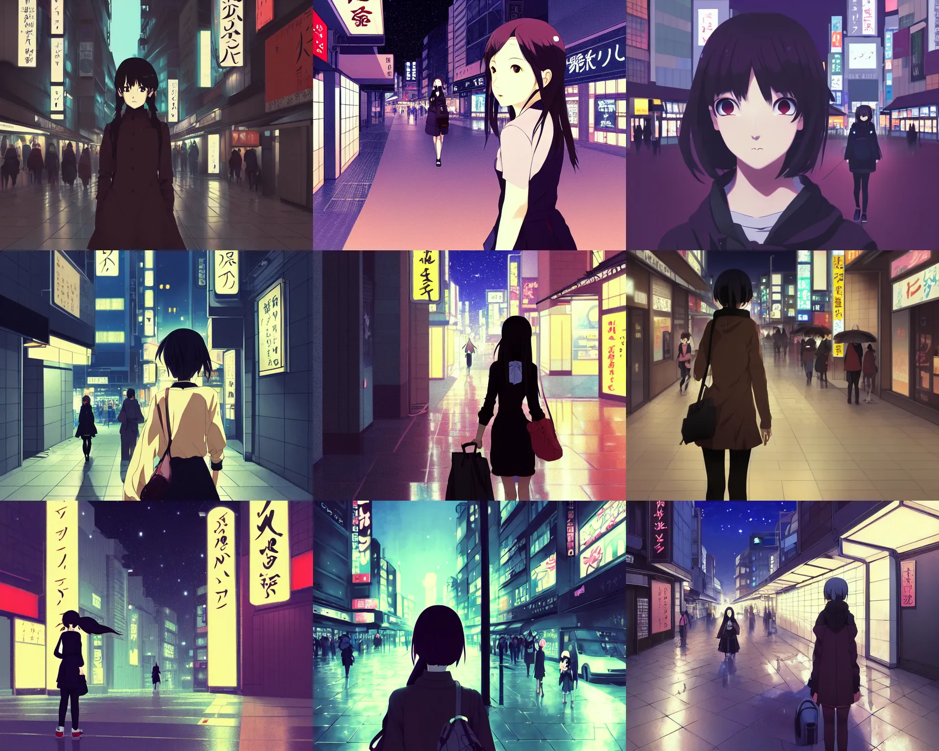 Prompt: anime visual, dark portrait of a young female traveler in shibuya at night shopping, very low light, beautiful face by makoto shinkai, ilya kuvshinov, yoh yoshinari, dynamic pose, dynamic perspective, cel shaded, flat shading mucha, rounded eyes, moody, detailed facial features