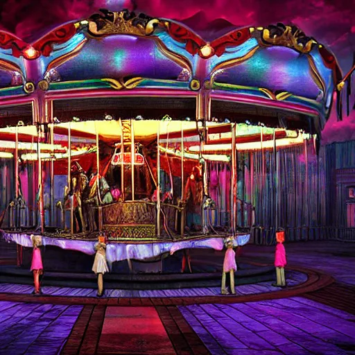 Image similar to Carousel of the damned horror painting unreal engine 3D depth of field 8K HDR Colorful Rainbows Iridescent metallic chrome