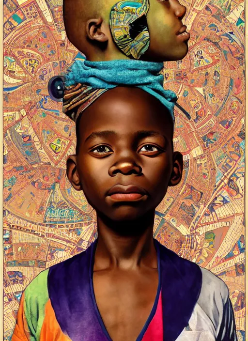 Image similar to colourful upper half portrait of an african boy with proportions in the style of jack davis - presented in magazine collage style, art by hsiao - ron cheng & alphonse mucha, magazine collage, highly detailed, caricature, digital painting, concept art, ray tracing, illustration, smooth, sharp focus, intricate, symmetry, pinterest, behance, artstation