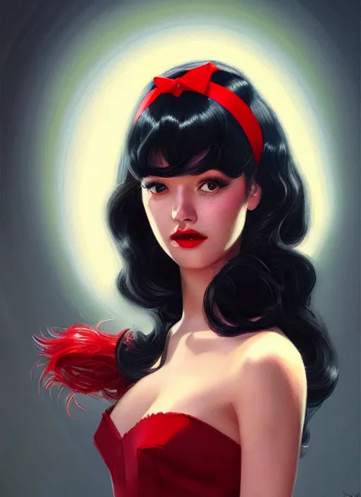 Image similar to portrait of veronica lodge with fluffy bangs, 1 9 6 0 s, long hair, red hairband, curly bangs, intricate, elegant, glowing lights, highly detailed, digital painting, artstation, concept art, smooth, sharp focus, illustration, art by wlop, mars ravelo and greg rutkowski